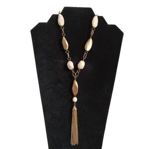 Express Gold Toned & White Alternating Beaded Tassel Pendant Statement Necklace